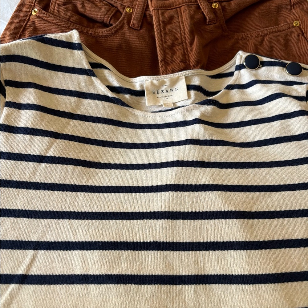 Sezane Navy and Cream Striped Long Sleeve Top